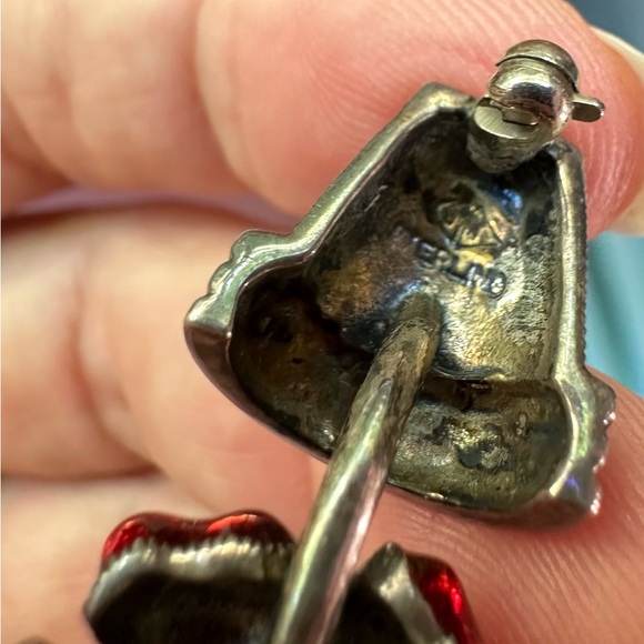 Vintage JUDITH JACK Red Enamel Sterling Flower in Pot Marcasite Pin Brooch - Picture 5 of 7